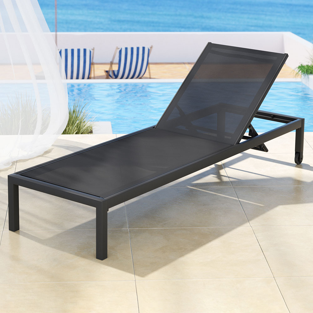 Gardeon Sun Lounge Outdoor Lounger Aluminium Folding Beach Chair Wheels Black FF-LOUNGE-ALU-WHEEL-BK
