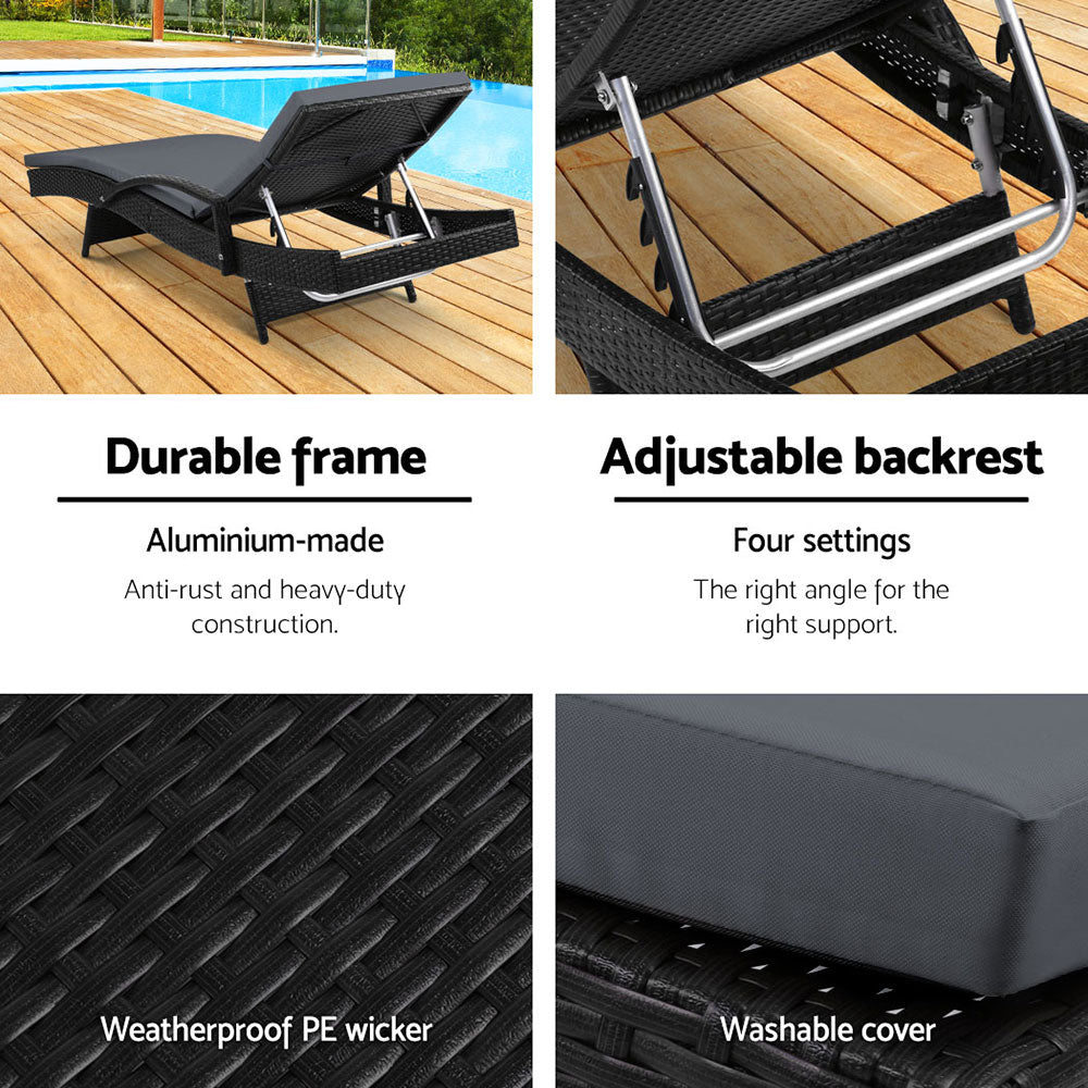 Gardeon 2PC Sun Lounge Wicker Lounger Outdoor Furniture Beach Chair Patio Adjustable Cushion Black FF-LOUNGE-ARM-BKX2