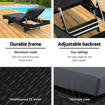 Gardeon 2PC Sun Lounge Wicker Lounger Outdoor Furniture Beach Chair Patio Adjustable Cushion Black FF-LOUNGE-ARM-BKX2