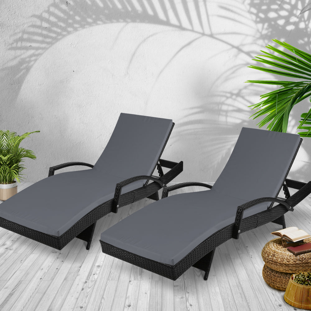 Gardeon 2PC Sun Lounge Wicker Lounger Outdoor Furniture Beach Chair Patio Adjustable Cushion Black FF-LOUNGE-ARM-BKX2