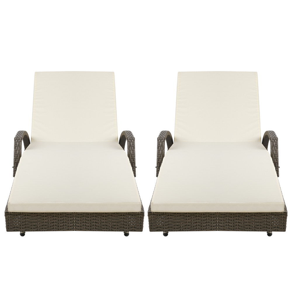 Gardeon 2PC Sun Lounge Wicker Lounger Outdoor Furniture Beach Chair Adjustable Cushion Grey&Beige FF-LOUNGE-ARM-GEX2
