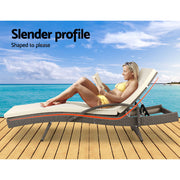Gardeon 2PC Sun Lounge Wicker Lounger Outdoor Furniture Beach Chair Adjustable Cushion Grey&Beige FF-LOUNGE-ARM-GEX2