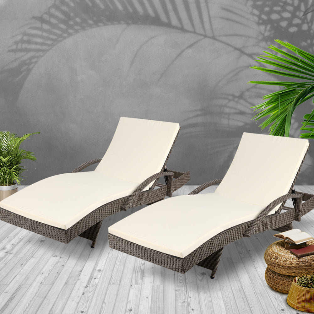 Gardeon 2PC Sun Lounge Wicker Lounger Outdoor Furniture Beach Chair Adjustable Cushion Grey&Beige FF-LOUNGE-ARM-GEX2