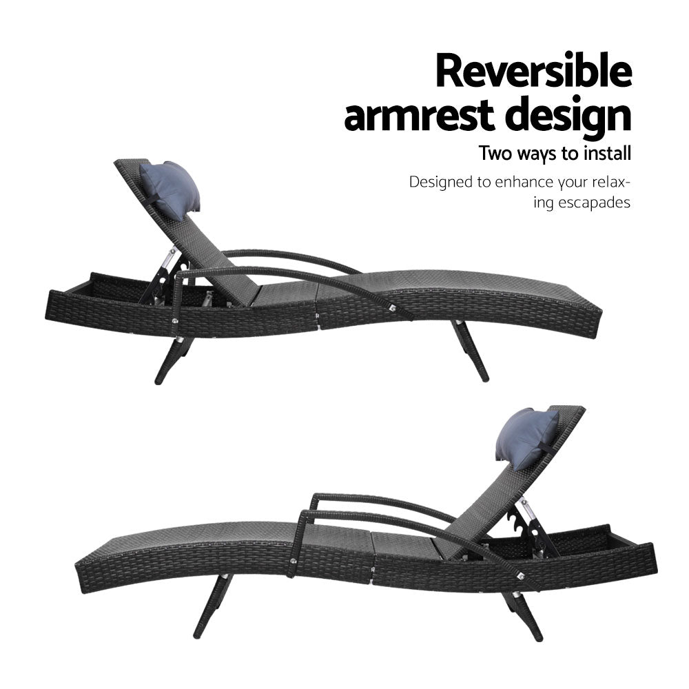 Gardeon Sun Lounge Wicker Lounger Outdoor Furniture Beach Chair Armrest Adjustable Black FF-LOUNGE-ARM-P-BK