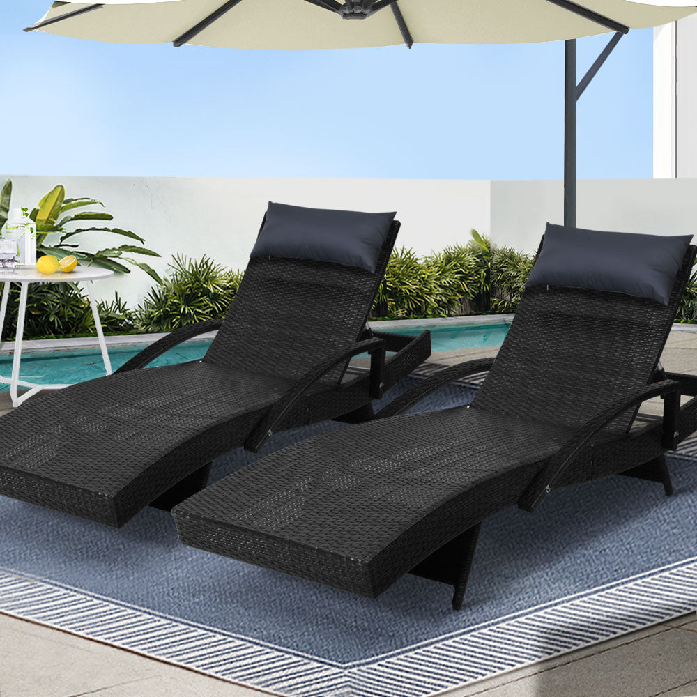 Gardeon 2x Sun Lounge Wicker Lounger Outdoor Furniture Beach Chair Armrest Adjustable Black FF-LOUNGE-ARM-P-BKX2