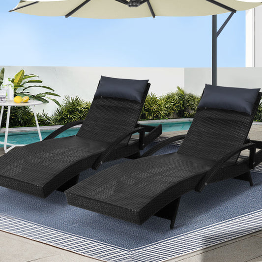Gardeon 2x Sun Lounge Wicker Lounger Outdoor Furniture Beach Chair Armrest Adjustable Black FF-LOUNGE-ARM-P-BKX2