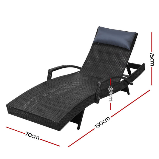 Gardeon 2x Sun Lounge Wicker Lounger Outdoor Furniture Beach Chair Armrest Adjustable Black FF-LOUNGE-ARM-P-BKX2