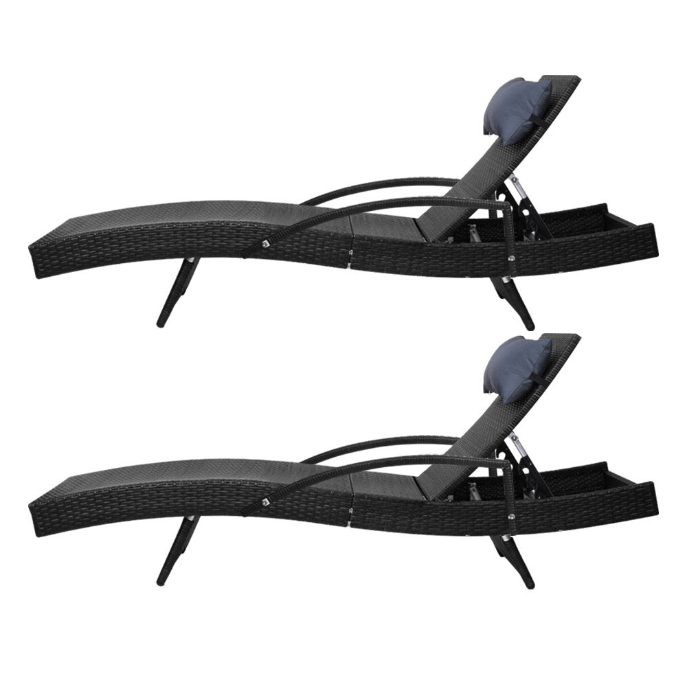 Gardeon 2x Sun Lounge Wicker Lounger Outdoor Furniture Beach Chair Armrest Adjustable Black FF-LOUNGE-ARM-P-BKX2