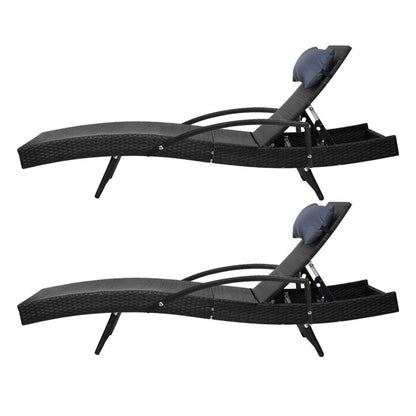 Gardeon 2x Sun Lounge Wicker Lounger Outdoor Furniture Beach Chair Armrest Adjustable Black FF-LOUNGE-ARM-P-BKX2