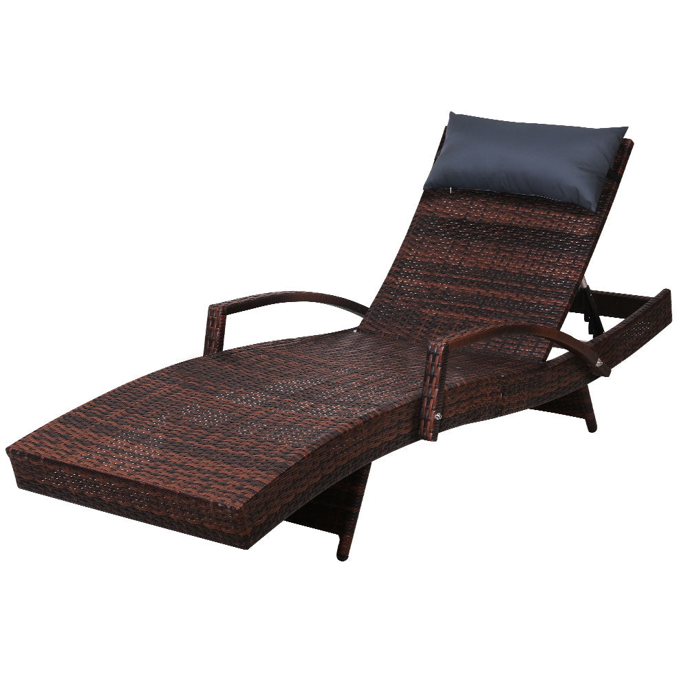Gardeon Sun Lounge Wicker Lounger Outdoor Furniture Beach Chair Armrest Adjustable Brown FF-LOUNGE-ARM-P-BR