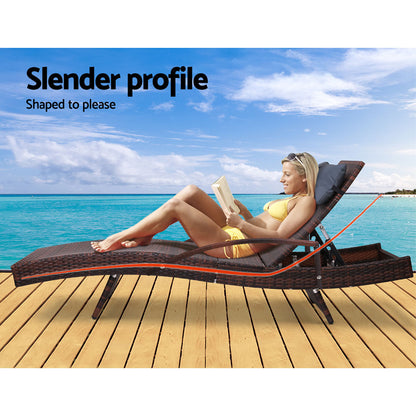 Gardeon Sun Lounge Wicker Lounger Outdoor Furniture Beach Chair Armrest Adjustable Brown FF-LOUNGE-ARM-P-BR