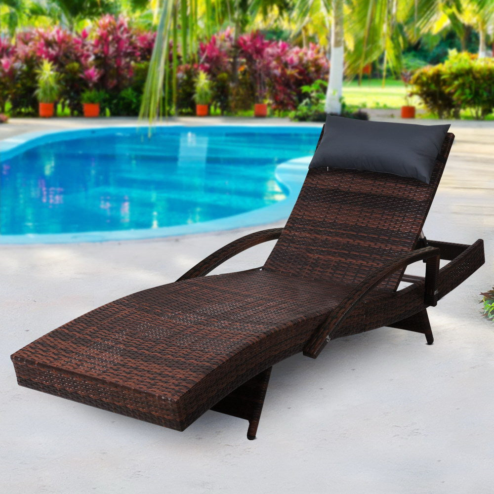 Gardeon Sun Lounge Wicker Lounger Outdoor Furniture Beach Chair Armrest Adjustable Brown FF-LOUNGE-ARM-P-BR