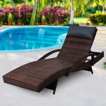 Gardeon Sun Lounge Wicker Lounger Outdoor Furniture Beach Chair Armrest Adjustable Brown FF-LOUNGE-ARM-P-BR