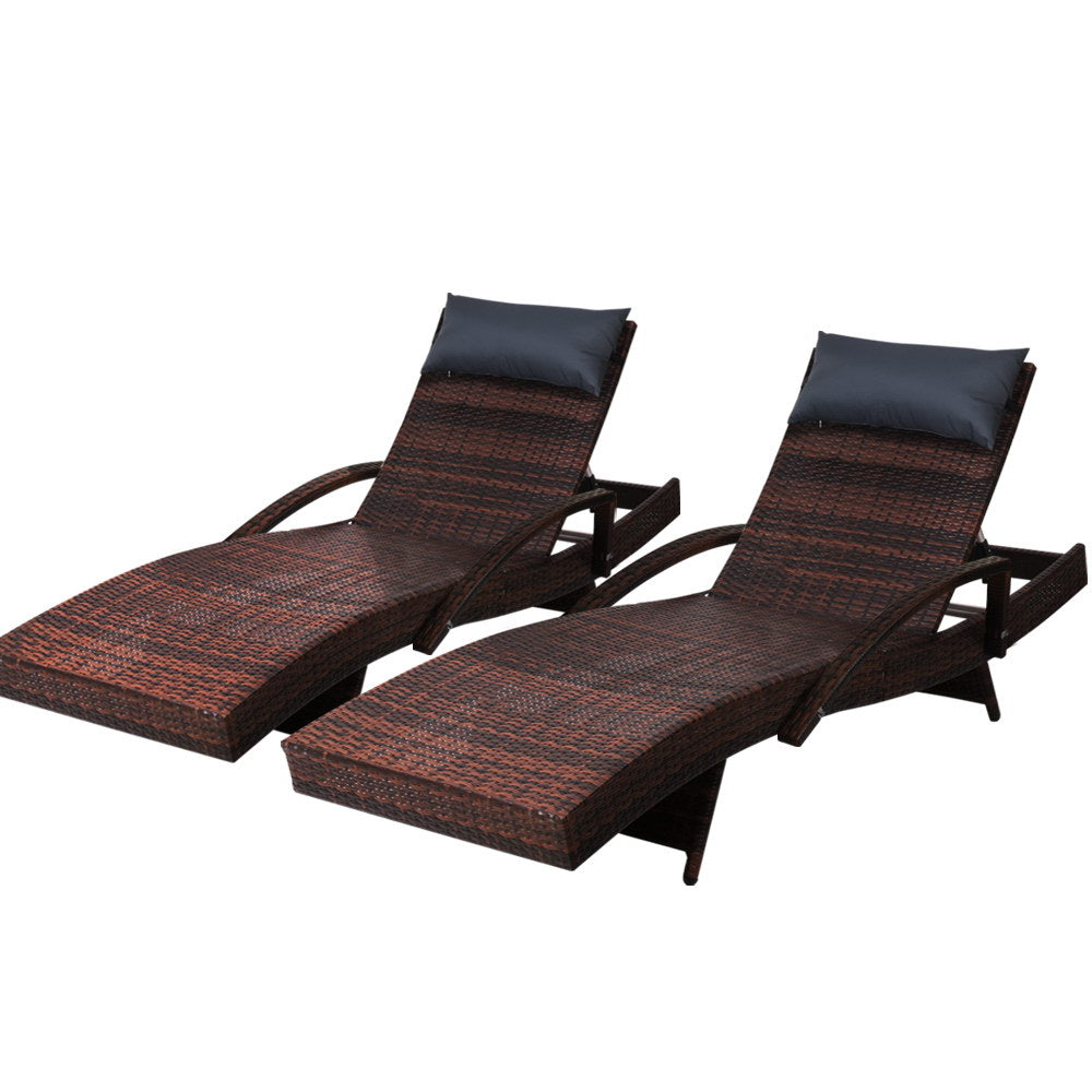 Gardeon 2x Sun Lounge Wicker Lounger Outdoor Furniture Beach Chair Armrest Adjustable Brown FF-LOUNGE-ARM-P-BRX2