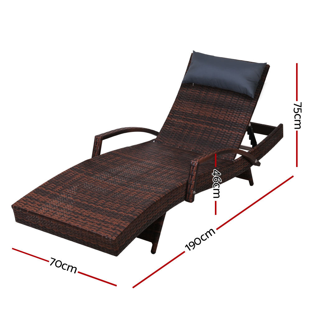 Gardeon 2x Sun Lounge Wicker Lounger Outdoor Furniture Beach Chair Armrest Adjustable Brown FF-LOUNGE-ARM-P-BRX2