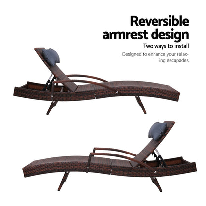 Gardeon 2x Sun Lounge Wicker Lounger Outdoor Furniture Beach Chair Armrest Adjustable Brown FF-LOUNGE-ARM-P-BRX2