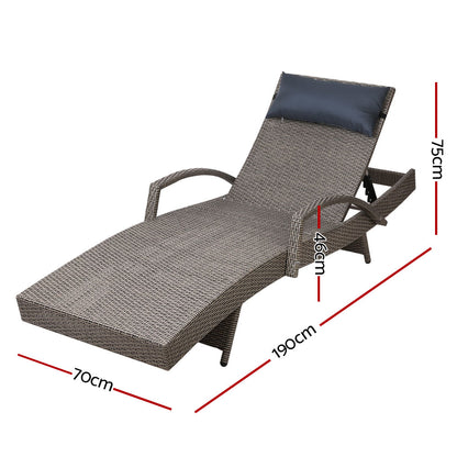 Gardeon Sun Lounge Wicker Lounger Outdoor Furniture Beach Armchair Adjustable Grey&Beige FF-LOUNGE-ARM-P-GE
