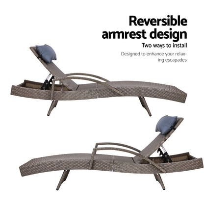 Gardeon Sun Lounge Wicker Lounger Outdoor Furniture Beach Armchair Adjustable Grey&Beige FF-LOUNGE-ARM-P-GE