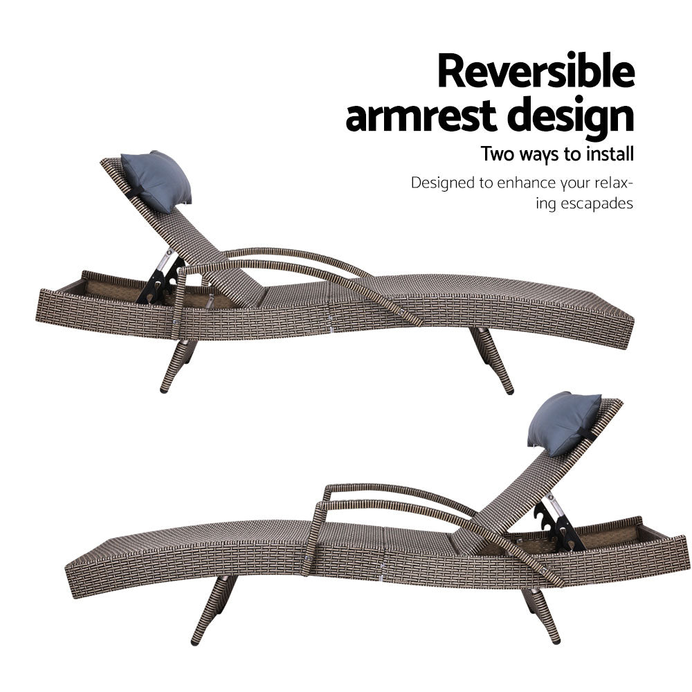 Gardeon 2x Sun Lounge Wicker Lounger Outdoor Furniture Beach Armchair Adjustable Grey&Beige FF-LOUNGE-ARM-P-GEX2