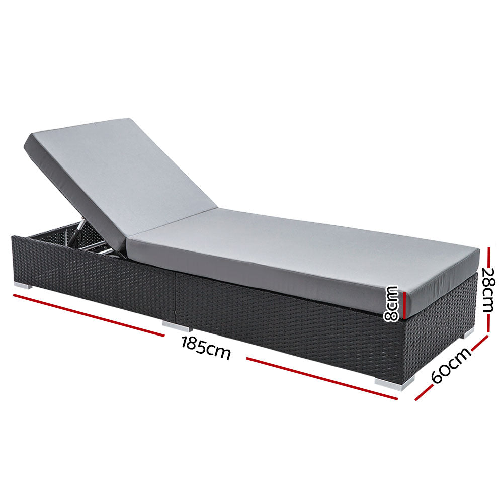 Gardeon Sun Lounge Wicker Lounger Outdoor Furniture Day Bed Adjustable Rattan Garden Cover FF-LOUNGE-BK-1PC