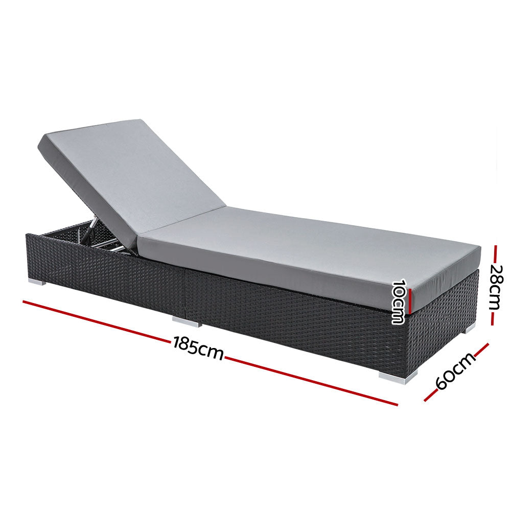Gardeon 3PC Sun Lounge Wicker Lounger Outdoor Furniture Day Bed Rattan Garden FF-LOUNGE-BK-AB