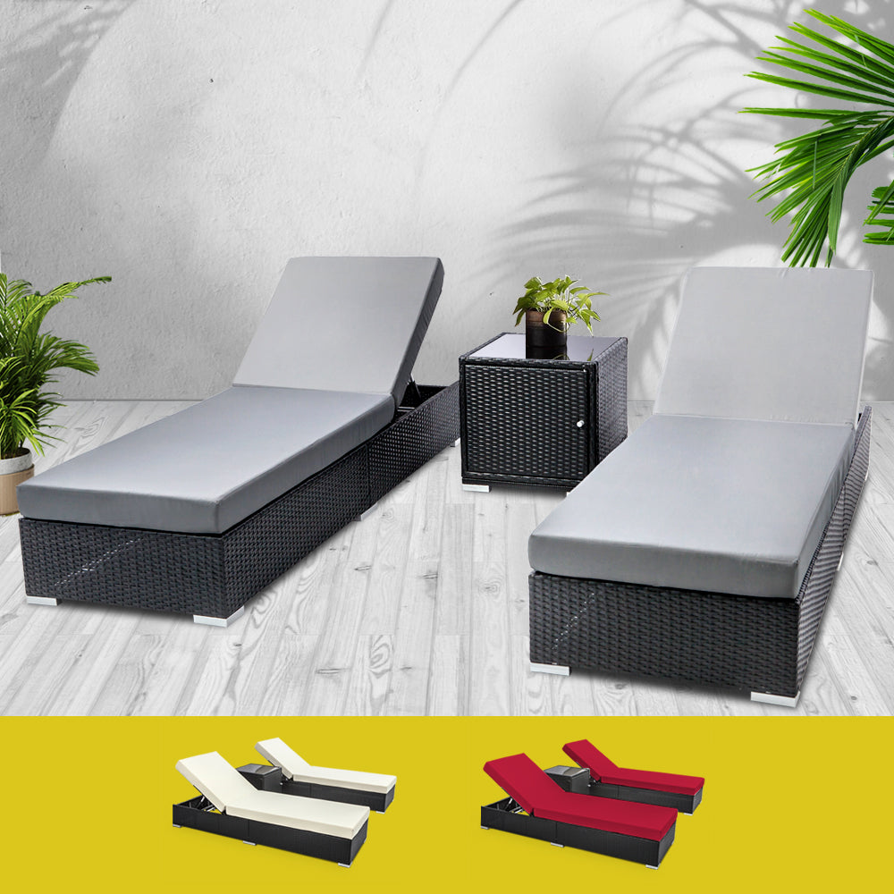 Gardeon 3PC Sun Lounge Wicker Lounger Outdoor Furniture Day Bed Rattan Garden FF-LOUNGE-BK-AB