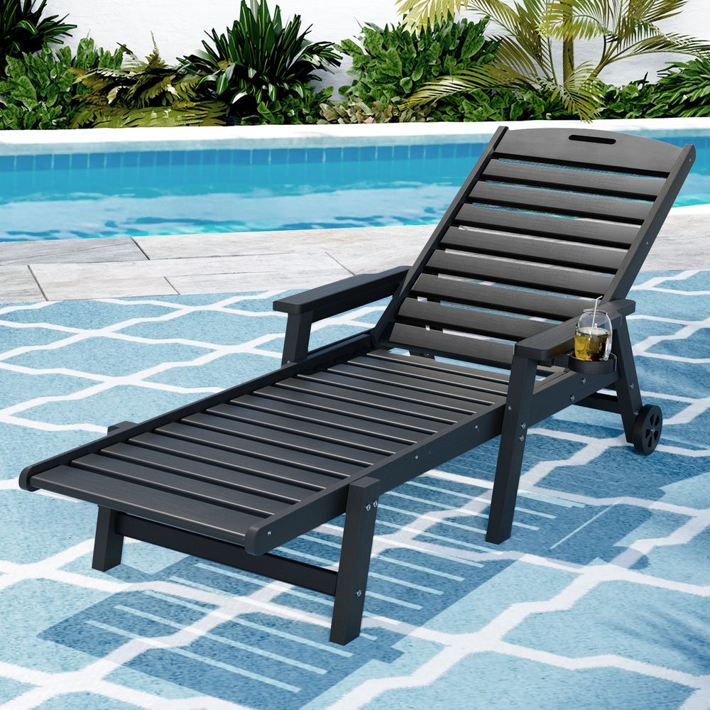Gardeon Sun Lounge Lounger Beach Chair HDPE Patio Outdoor Furniture with Wheels Black FF-LOUNGE-HE-BK