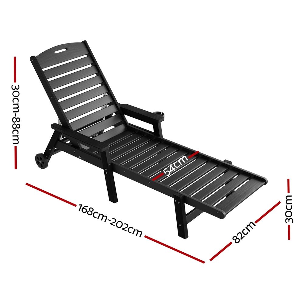 Gardeon Sun Lounge Lounger Beach Chair HDPE Patio Outdoor Furniture with Wheels Black FF-LOUNGE-HE-BK