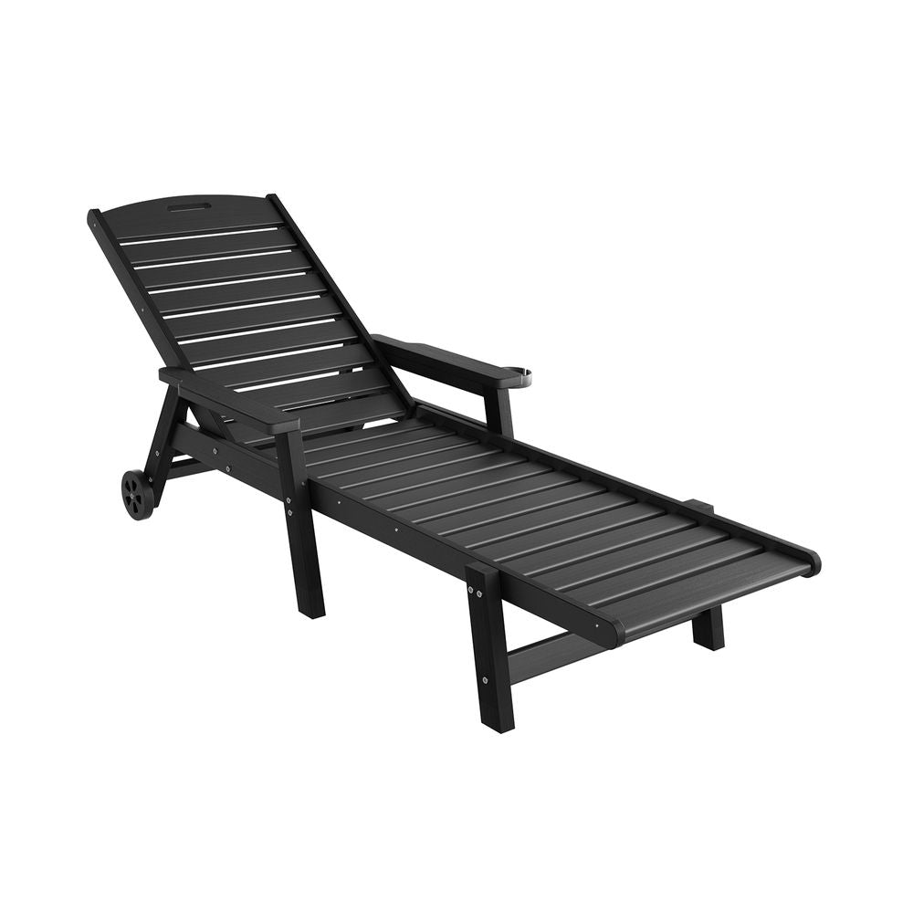 Gardeon Sun Lounge Lounger Beach Chair HDPE Patio Outdoor Furniture with Wheels Black FF-LOUNGE-HE-BK
