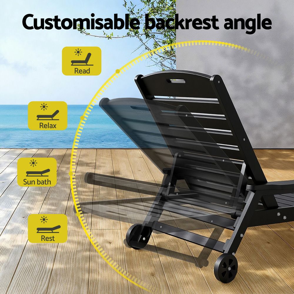 Gardeon Sun Lounge Lounger Beach Chair HDPE Patio Outdoor Furniture with Wheels Black FF-LOUNGE-HE-BK
