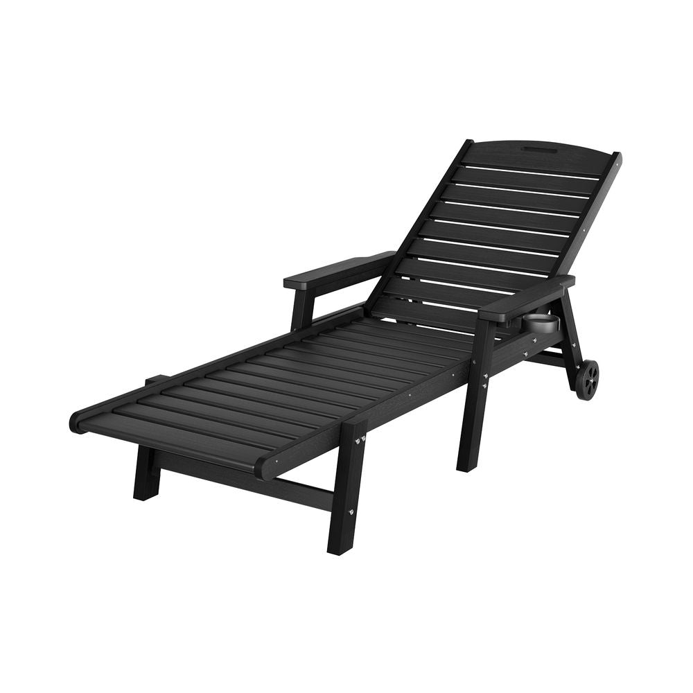 Gardeon Sun Lounge Lounger Beach Chair HDPE Patio Outdoor Furniture with Wheels Black FF-LOUNGE-HE-BK