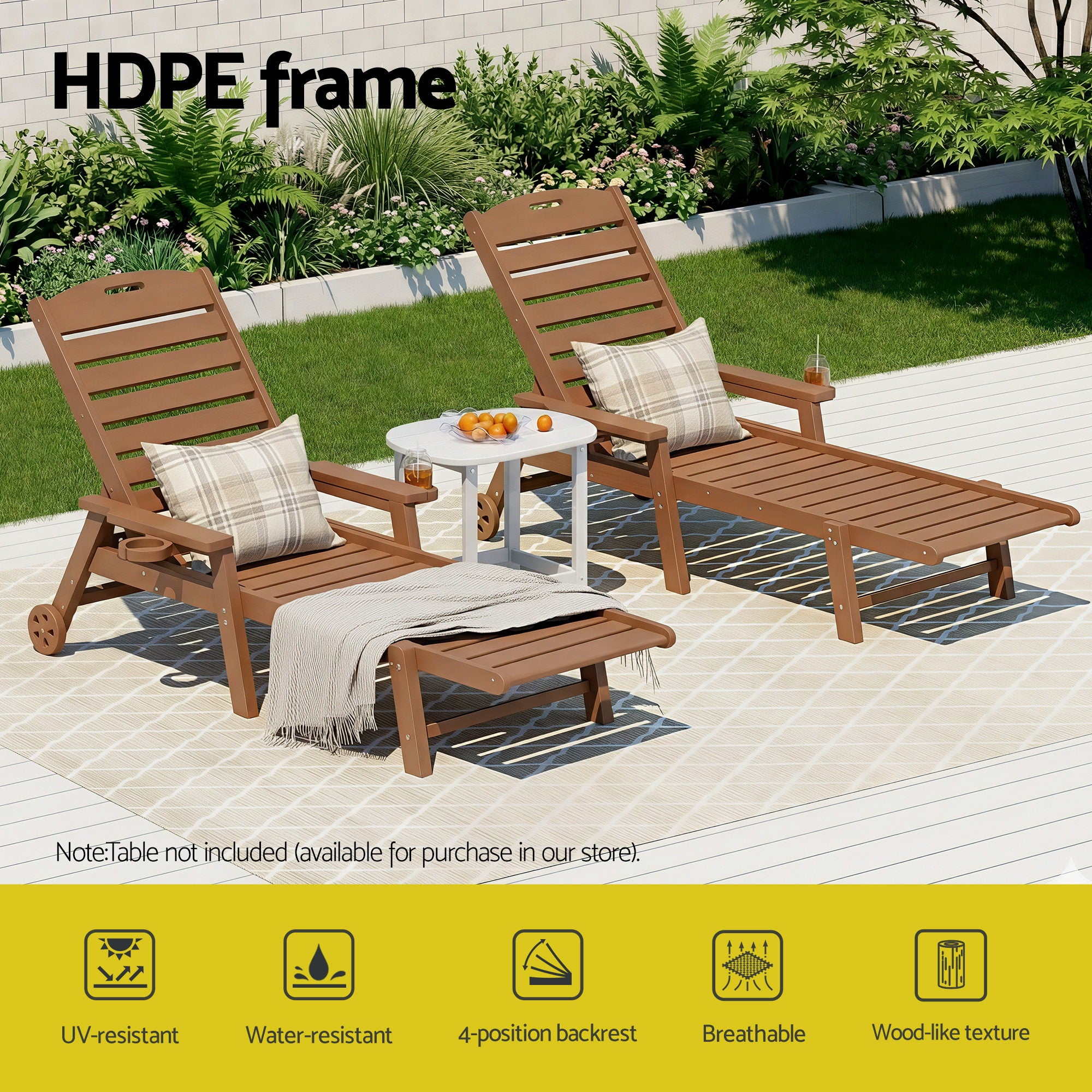 Gardeon Sun Lounge Lounger Beach Chair HDPE Patio Outdoor Furniture with Wheels Brown FF-LOUNGE-HE-BR