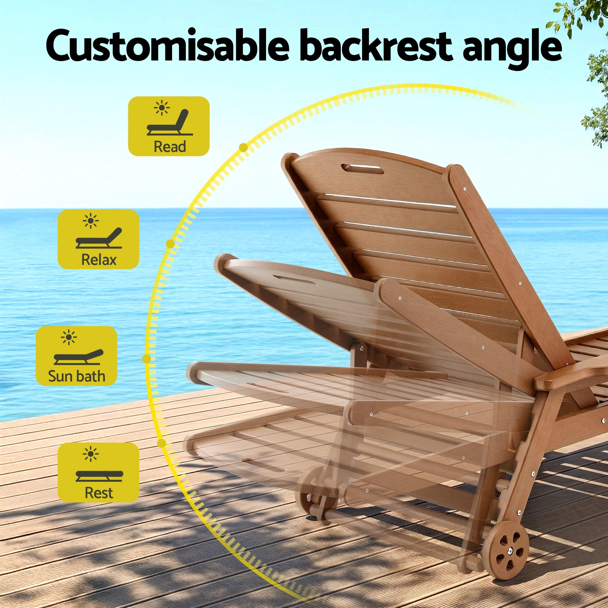 Gardeon Sun Lounge Lounger Beach Chair HDPE Patio Outdoor Furniture with Wheels Brown FF-LOUNGE-HE-BR