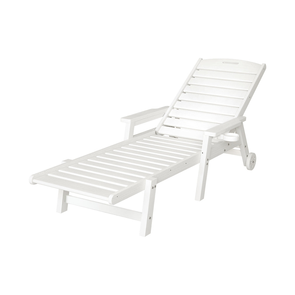 Gardeon Sun Lounge Lounger Beach Chair HDPE Patio Outdoor Furniture with Wheels White FF-LOUNGE-HE-WH