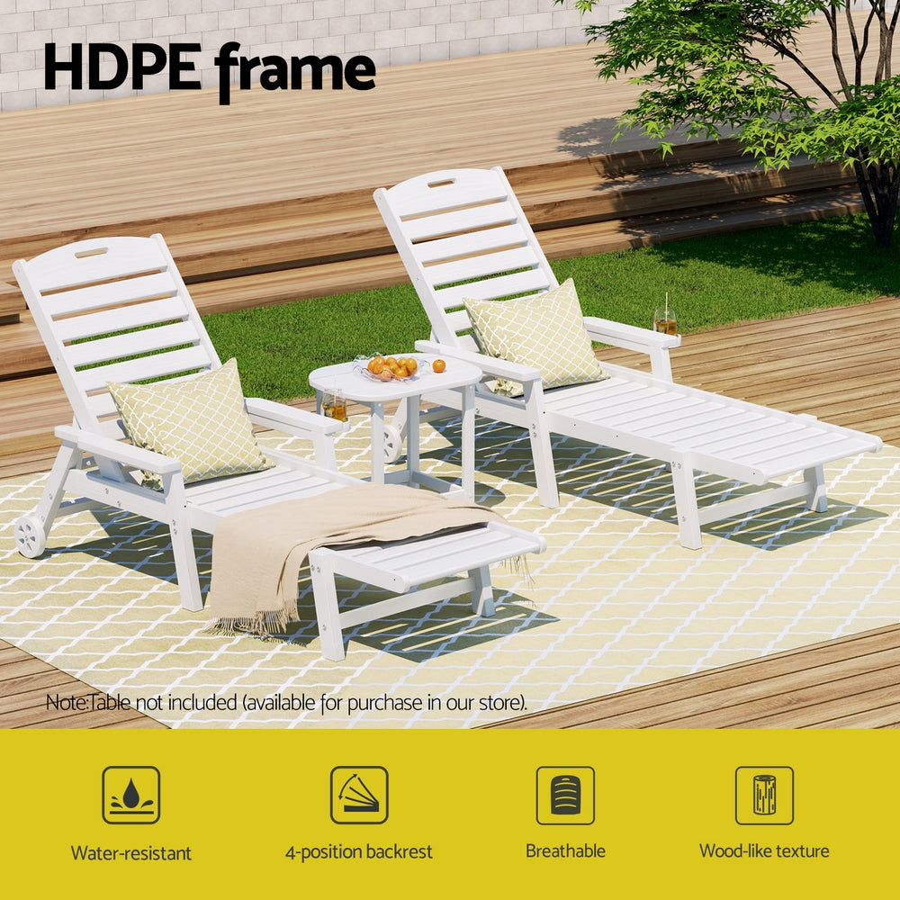 Gardeon Sun Lounge Lounger Beach Chair HDPE Patio Outdoor Furniture with Wheels White FF-LOUNGE-HE-WH