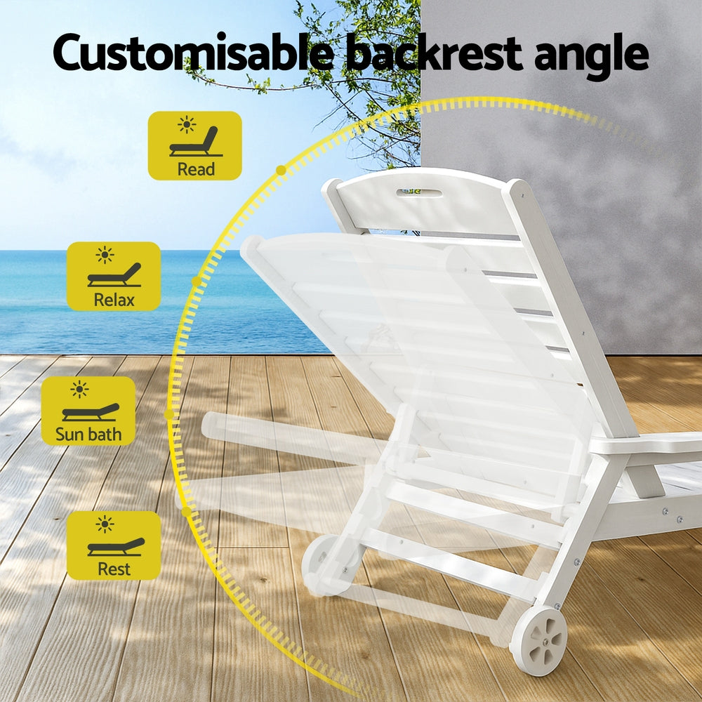 Gardeon Sun Lounge Lounger Beach Chair HDPE Patio Outdoor Furniture with Wheels White FF-LOUNGE-HE-WH