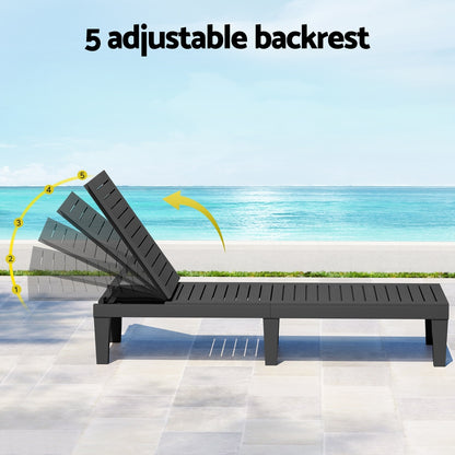 Gardeon Sun Lounge Adjustable Recliner Patio Outdoor Furniture Lightweight Black FF-LOUNGE-PP-BK