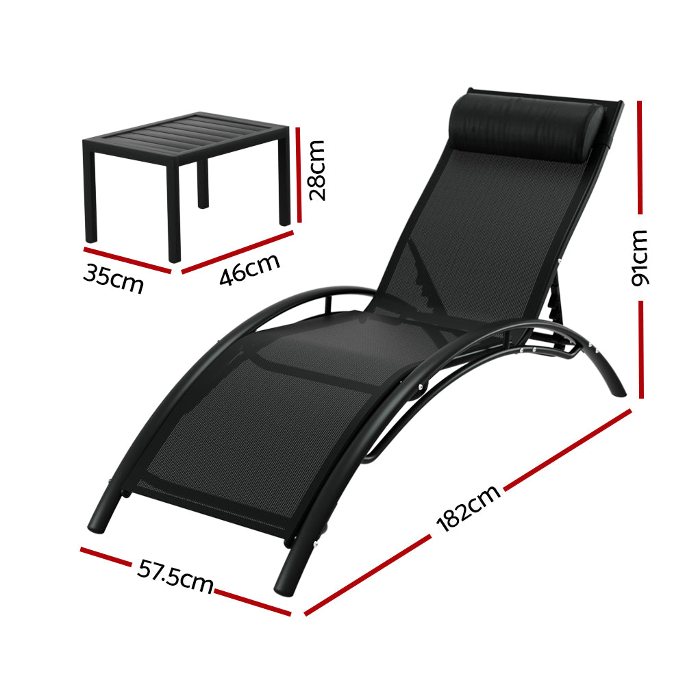Gardeon 3PC Sun Lounge Outdoor Lounger Steel Table Chairs Patio Furniture Garden FF-LOUNGE-SL-3PCS-BK