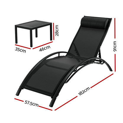 Gardeon 3PC Sun Lounge Outdoor Lounger Steel Table Chairs Patio Furniture Garden FF-LOUNGE-SL-3PCS-BK