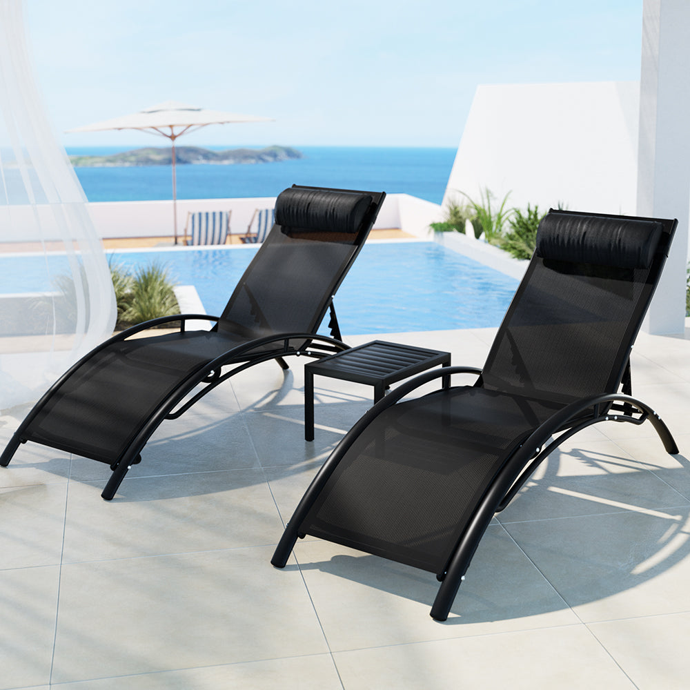 Gardeon 3PC Sun Lounge Outdoor Lounger Steel Table Chairs Patio Furniture Garden FF-LOUNGE-SL-3PCS-BK
