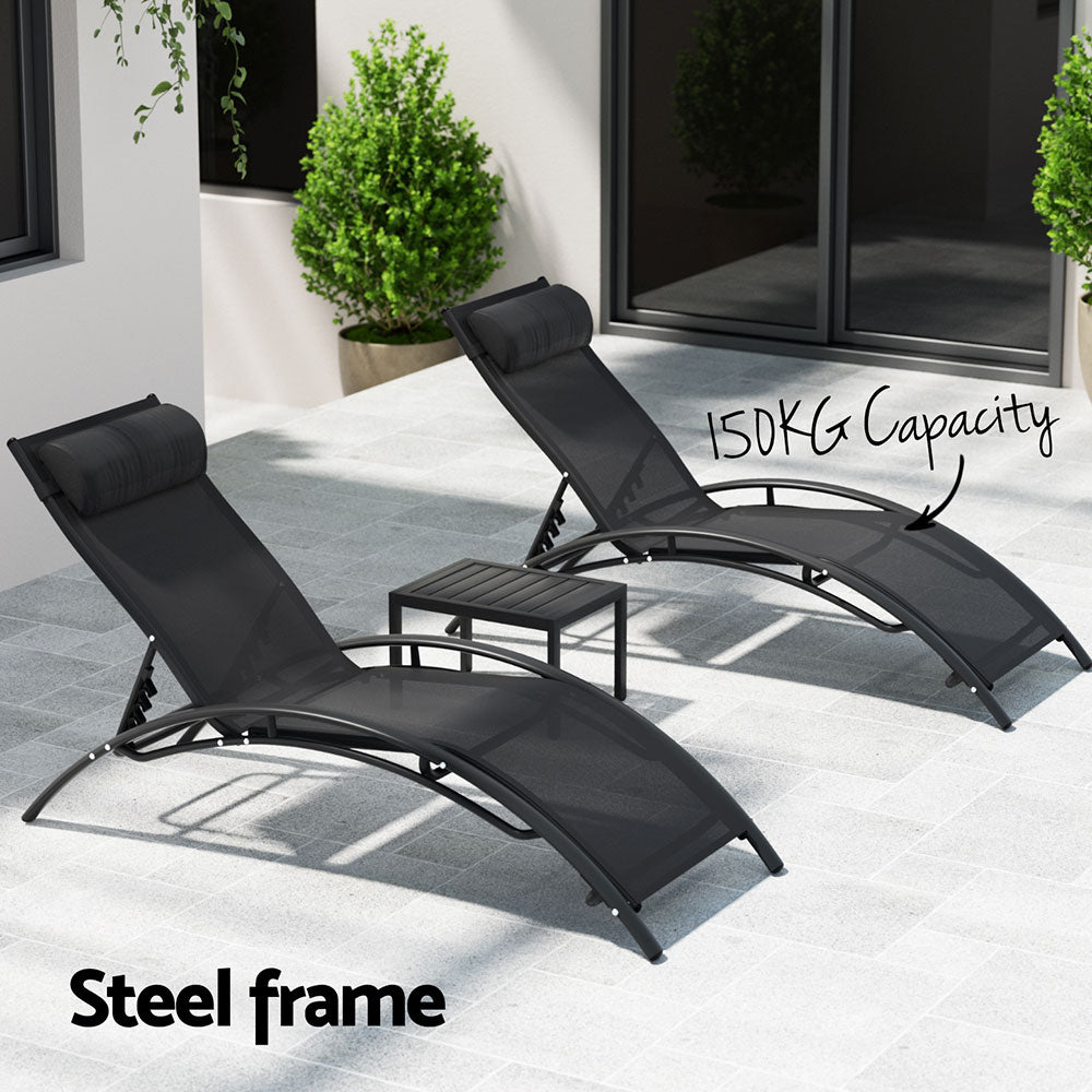 Gardeon 3PC Sun Lounge Outdoor Lounger Steel Table Chairs Patio Furniture Garden FF-LOUNGE-SL-3PCS-BK