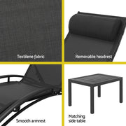 Gardeon 3PC Sun Lounge Outdoor Lounger Steel Table Chairs Patio Furniture Garden FF-LOUNGE-SL-3PCS-BK