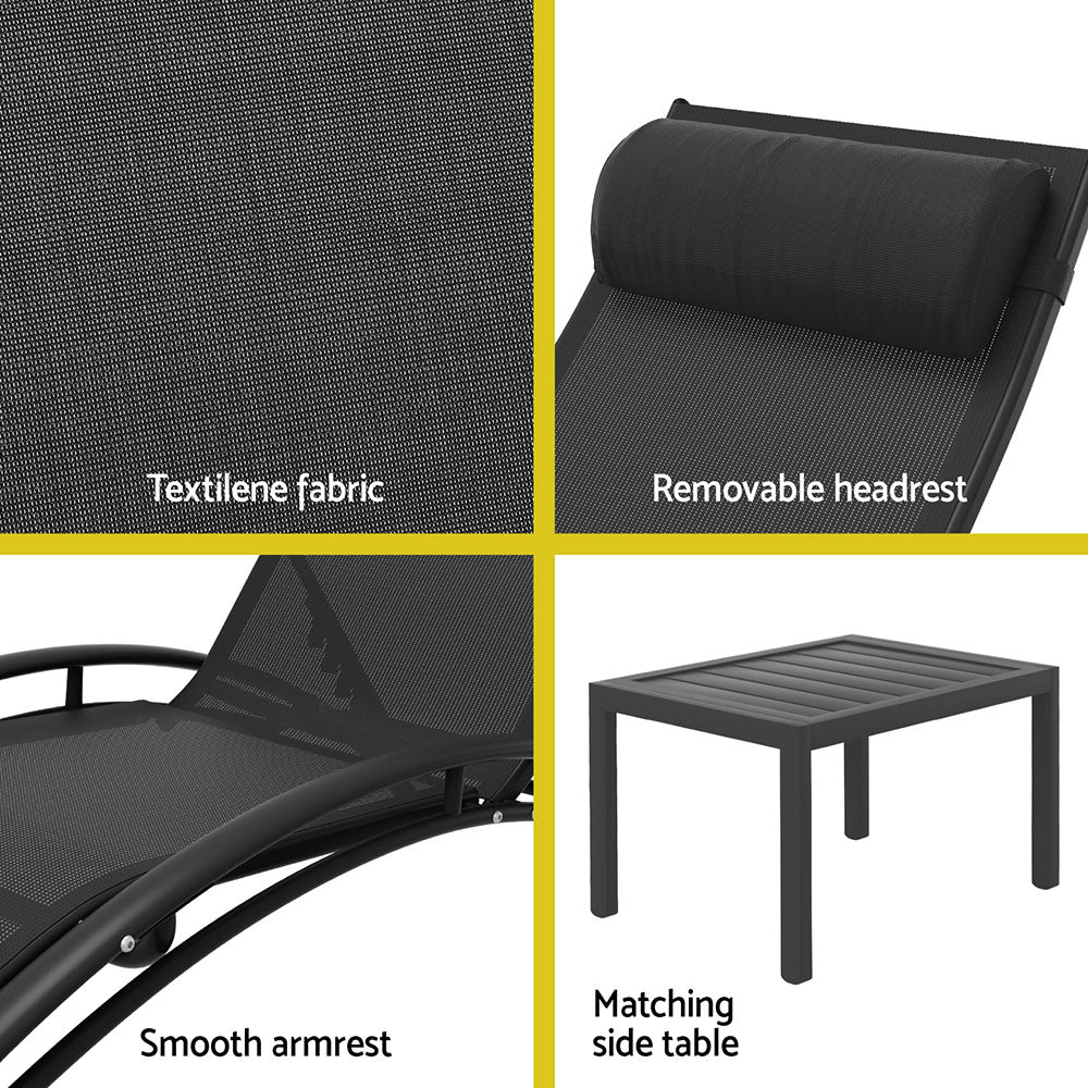 Gardeon 3PC Sun Lounge Outdoor Lounger Steel Table Chairs Patio Furniture Garden FF-LOUNGE-SL-3PCS-BK