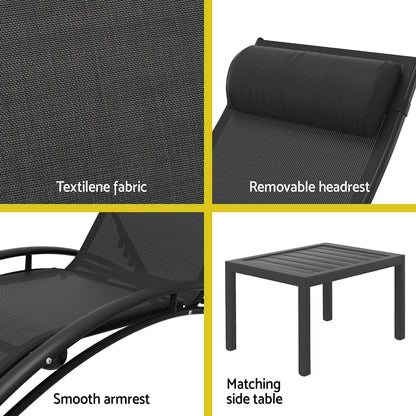 Gardeon 3PC Sun Lounge Outdoor Lounger Steel Table Chairs Patio Furniture Garden FF-LOUNGE-SL-3PCS-BK