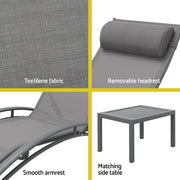 Gardeon 3PC Sun Lounge Outdoor Lounger Steel Table Chairs Patio Furniture Grey FF-LOUNGE-SL-3PCS-GE