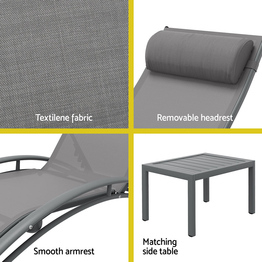 Gardeon 3PC Sun Lounge Outdoor Lounger Steel Table Chairs Patio Furniture Grey FF-LOUNGE-SL-3PCS-GE