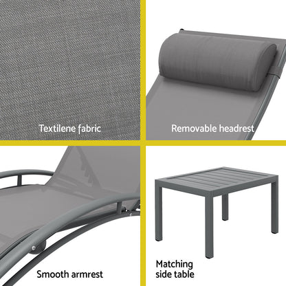 Gardeon 3PC Sun Lounge Outdoor Lounger Steel Table Chairs Patio Furniture Grey FF-LOUNGE-SL-3PCS-GE