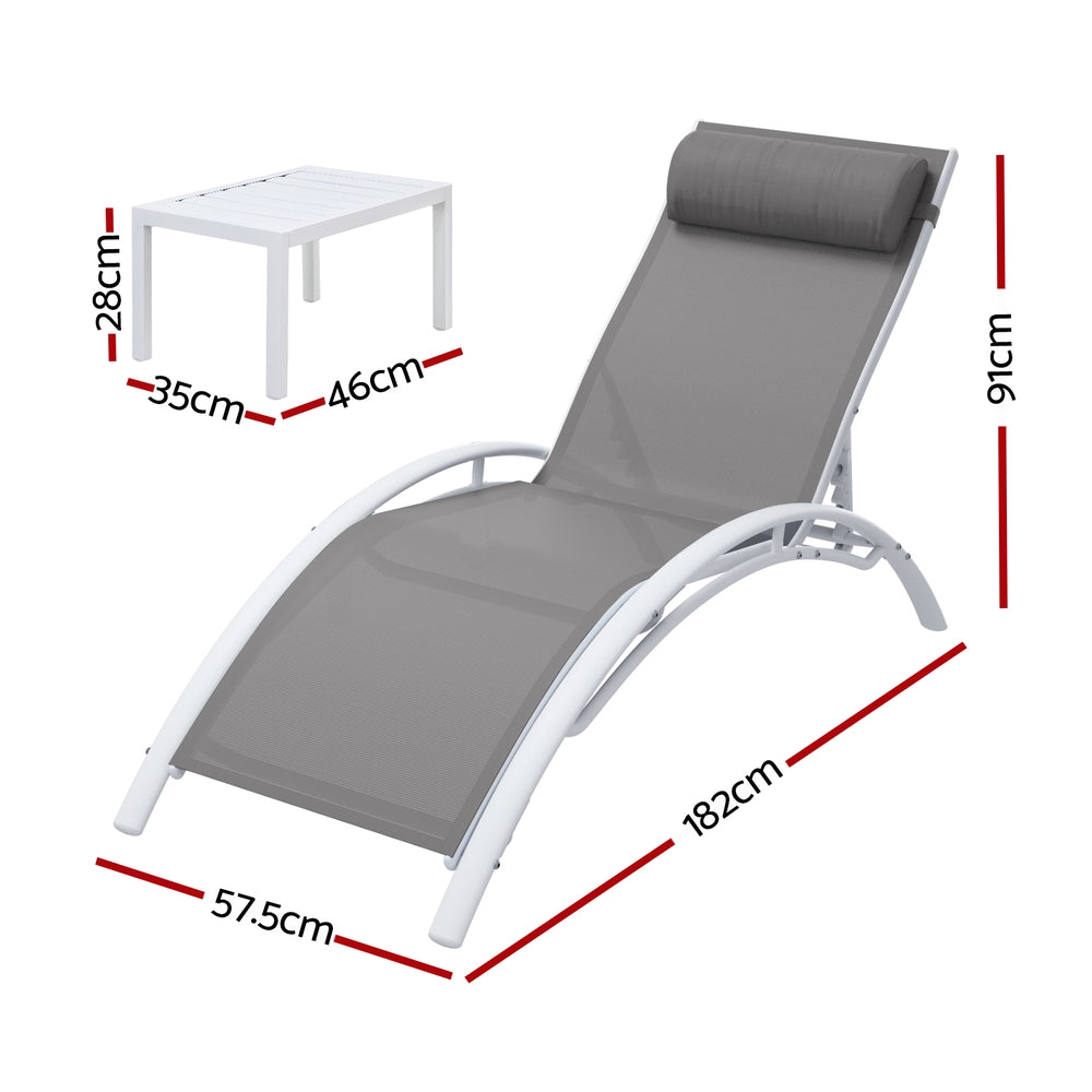 Gardeon 3PC Sun Lounge Outdoor Lounger Table Chairs Steel Patio Furniture Garden FF-LOUNGE-SL-3PCS-WH