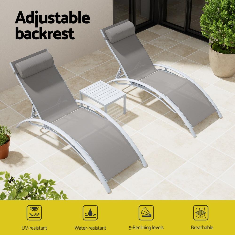 Gardeon 3PC Sun Lounge Outdoor Lounger Table Chairs Steel Patio Furniture Garden FF-LOUNGE-SL-3PCS-WH