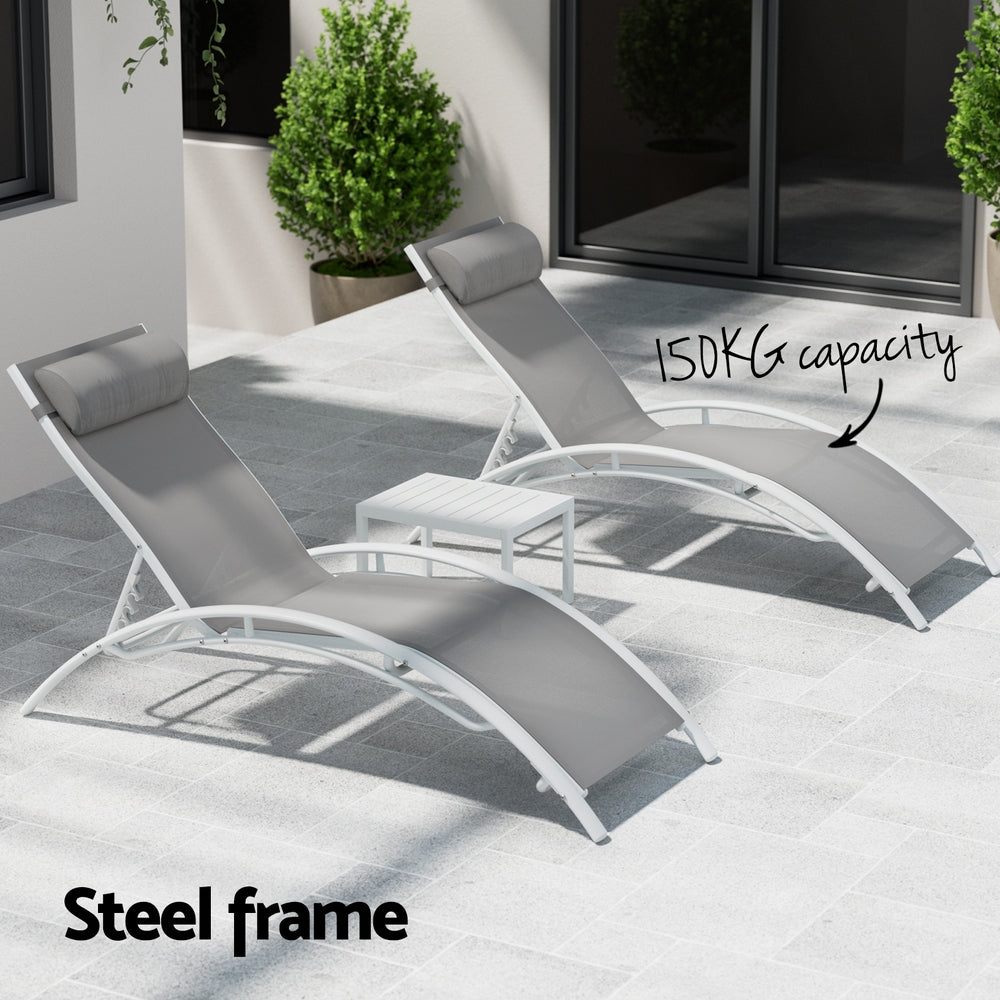 Gardeon 3PC Sun Lounge Outdoor Lounger Table Chairs Steel Patio Furniture Garden FF-LOUNGE-SL-3PCS-WH
